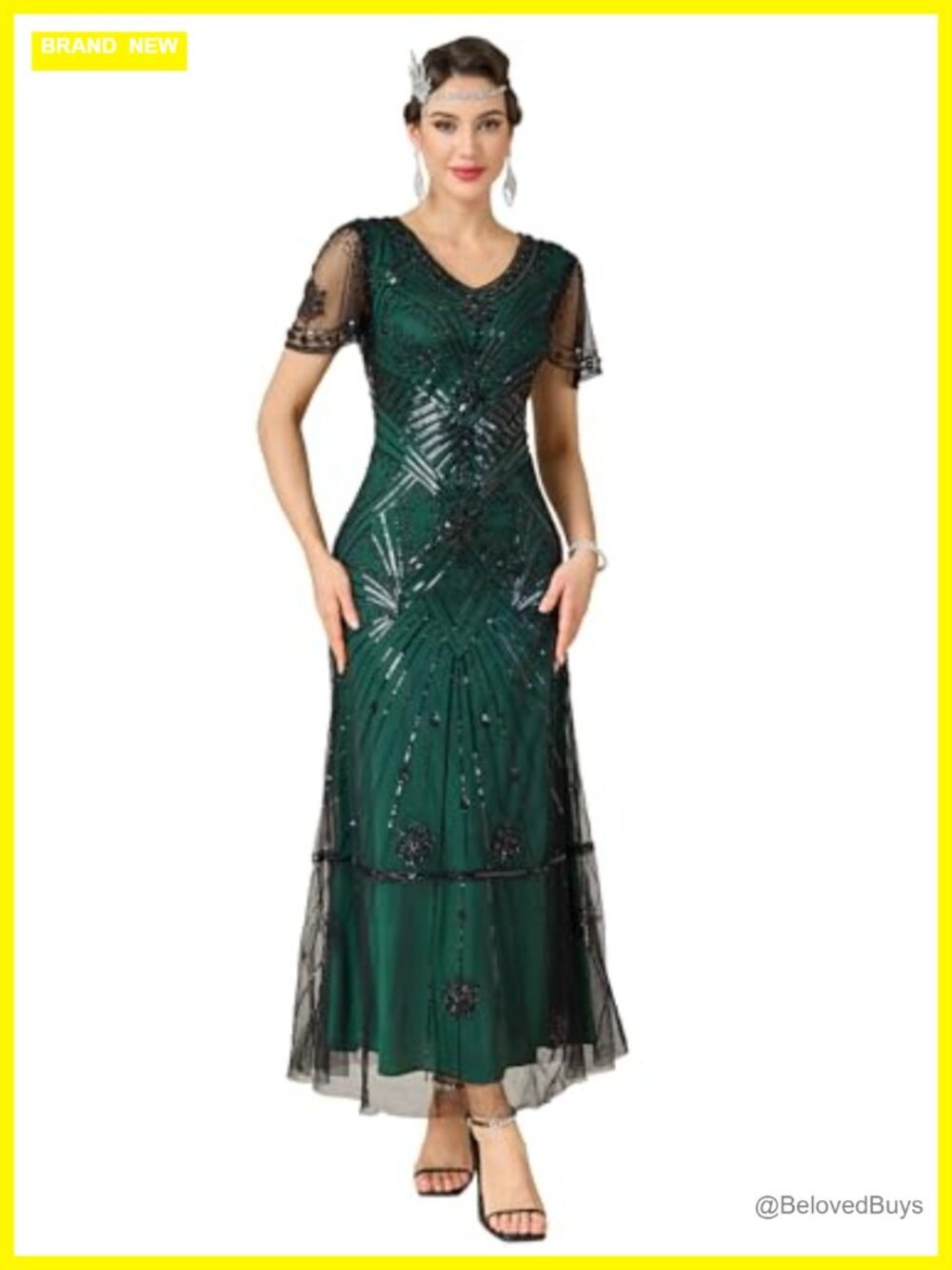 Flapper Dress 1920s V-Neck Sequin Beaded Maxi Gown Wedding Party